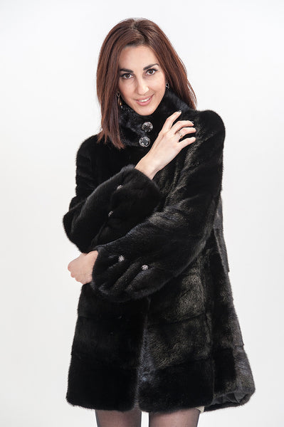 Black mink fur coat Peonies