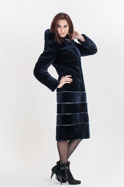 Dark blue mouton fur coat Daria