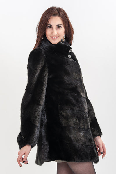 Black mink fur coat Peonies