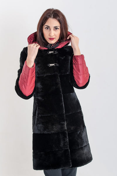 Black mouton fur coat Eiva Bordeaux