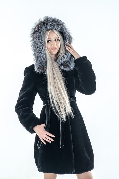 Black mouton fur coat Clara